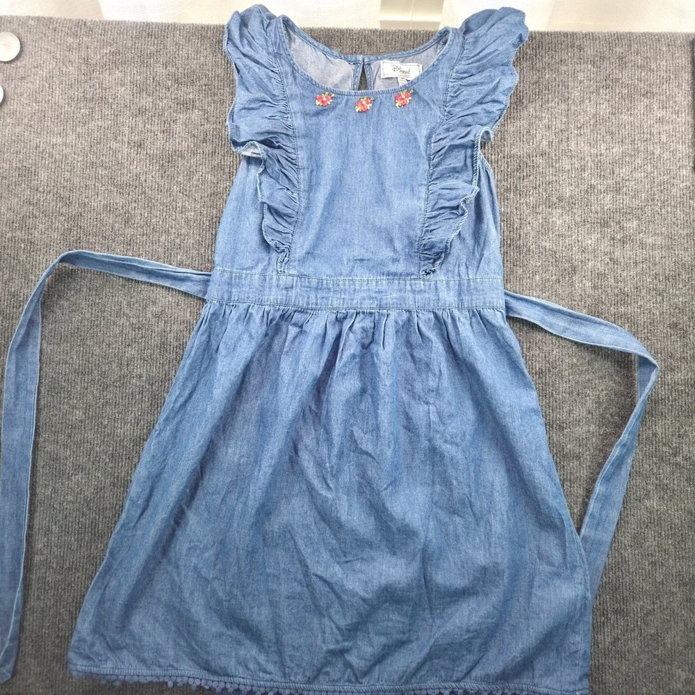 D-Signed Disney Girls Blue Chambray Denim Ruffle Floral Dress Size M 10/12